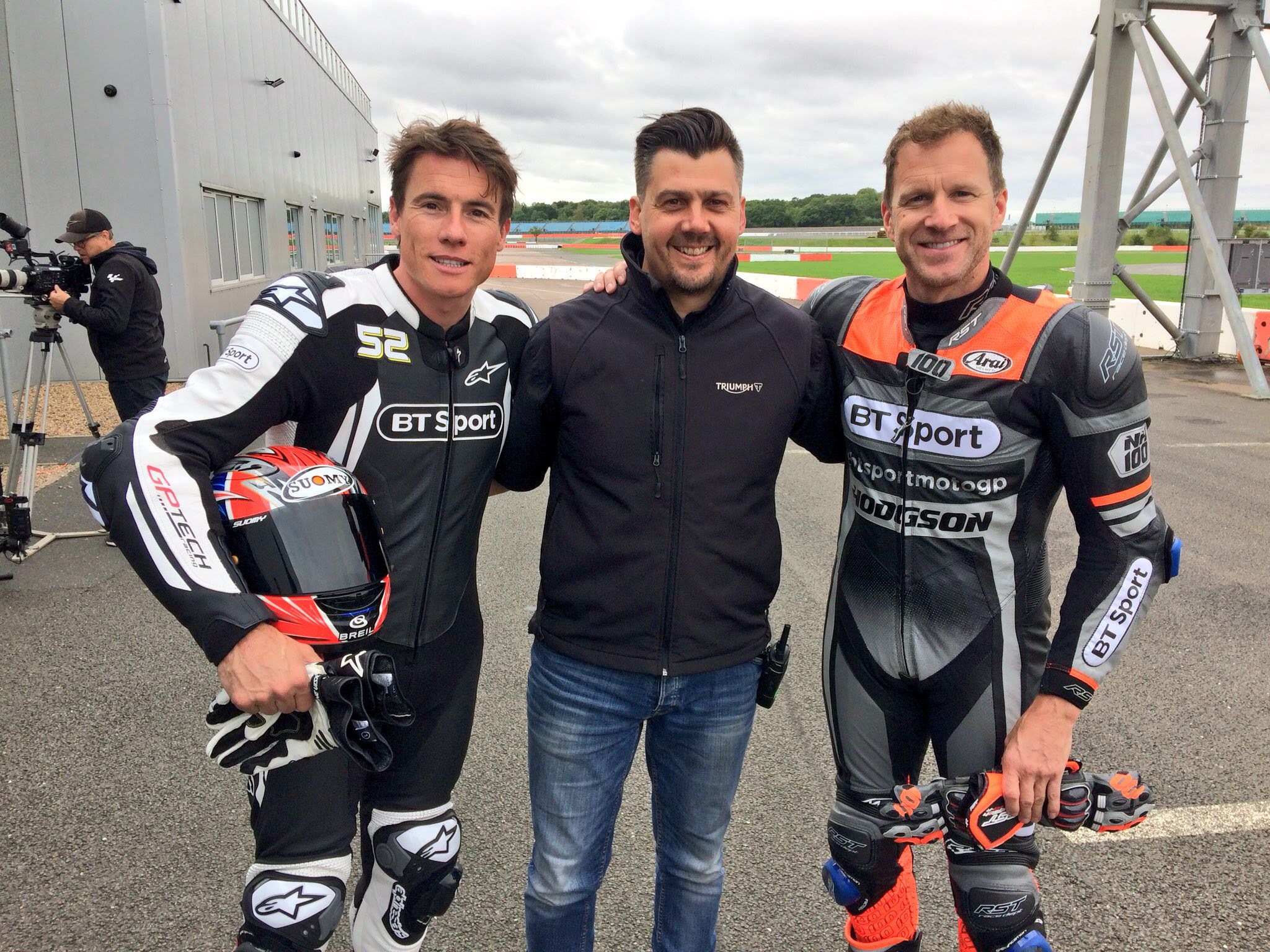 James Toseland, Gareth Bright and Neil Hodgson, at theTriumph Moto2 engine launch in August 2018